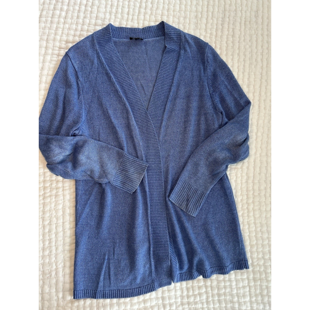 Talbots Cardigan Sweater Blue Open Front 100% Linen Long Sleeve Womens Large